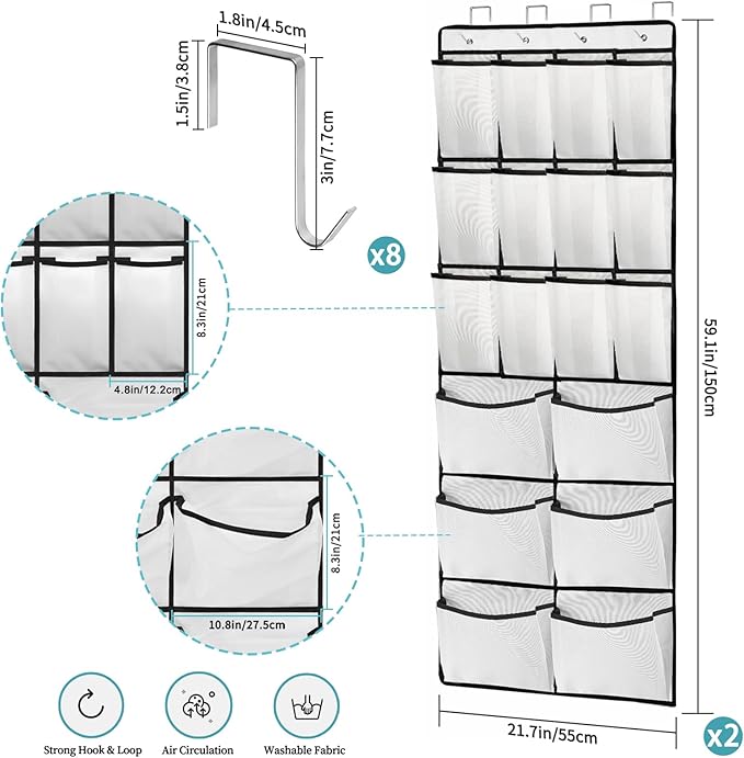 2 Packs Over the Door Shoe Organizer, 24 Extra Large Mesh Pockets Hanging Shoe Boots Rack Holder, Closet Hanging Organizers for Storage Sneakers High Heeled Shoes Slippers (White)