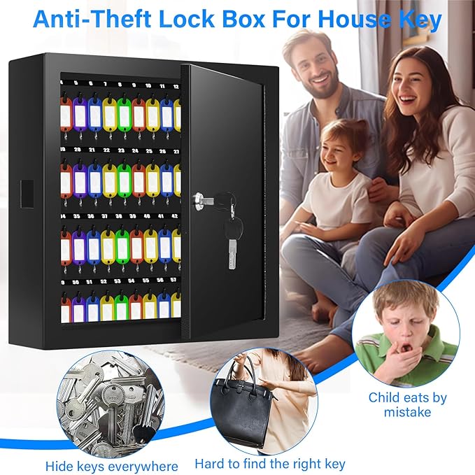 100 Keys Key Lock Box, Anti-Theft Key Cabinet with Key Tags, Key Organizer Wall Mount for Car Garage House Rental Office Business