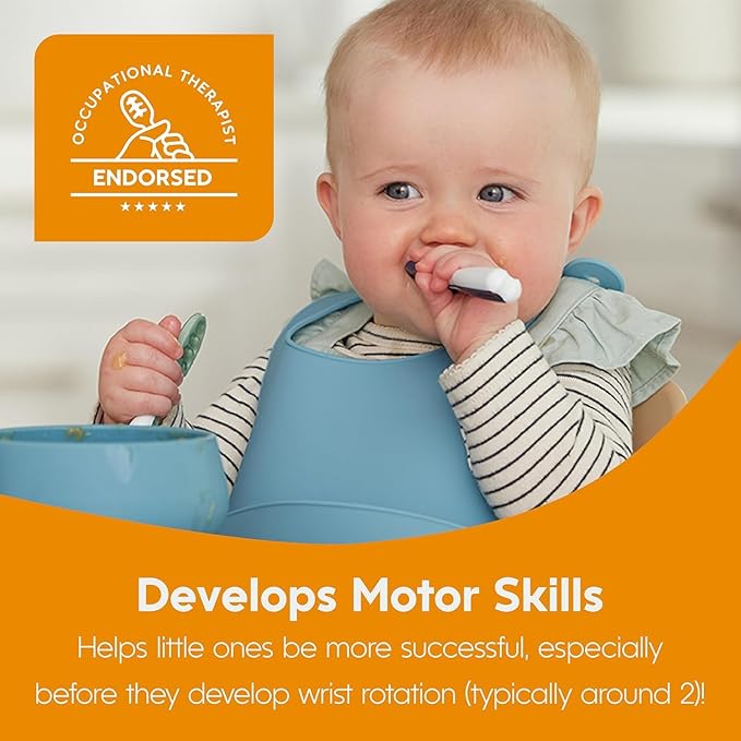 NumNum Baby Spoons Set, Baby Essentials Pre-Spoon GOOtensils for 6+ Months, First Stage Self-Feeding Spoons for Baby Led Weaning (BLW), Silicone Toddler Utensils, BPA-Free, 2 Pack Blue/Orange