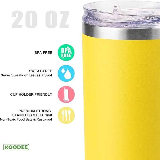 Koodee 20 oz Skinny Tumbler - Stainless Steel Double Wall Insulated Slim Water Cup With Straw and Lids (Yellow)
