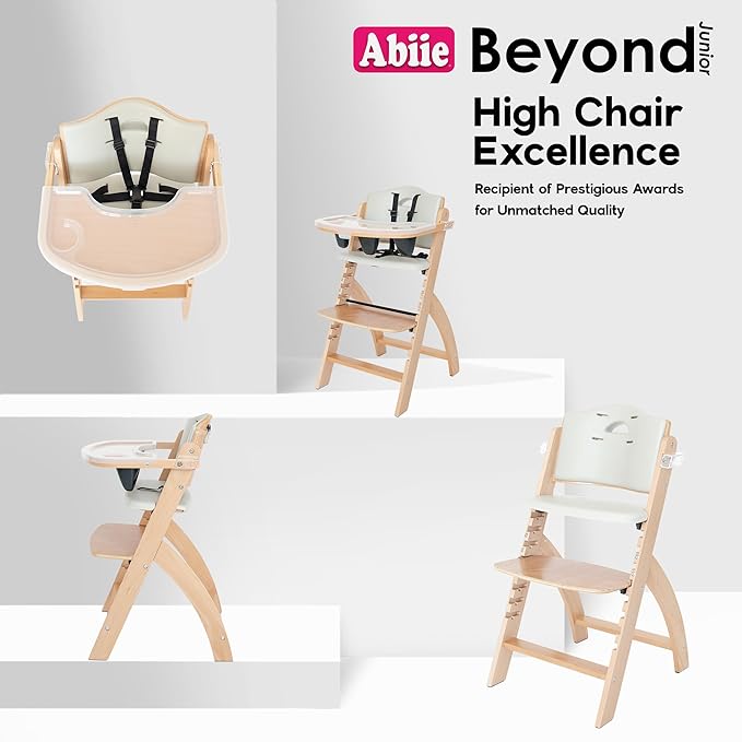 Abiie Beyond Junior Wooden High Chair with Tray - Adjustable and Convertible High Chair for Babies and Toddlers - 6 Months to 250 Lb - Water Resistant - Natural Wood/Dove Grey Cushion