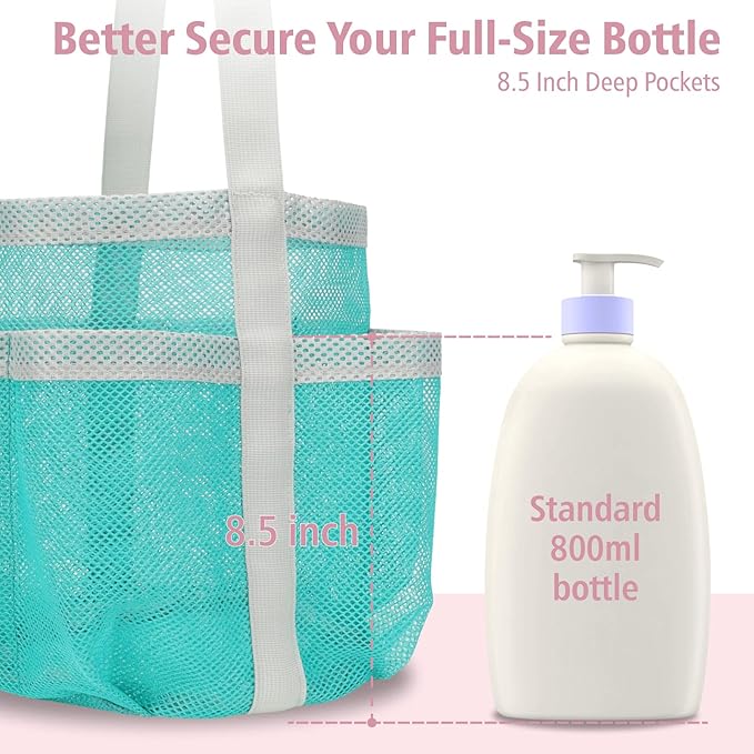 F-color Mesh Shower Caddy Portable, Large Capacity Shower Bag Basket Tote for College Dorm Room Toiletry Gym Rv Essentials, Bathroom with S Hook, Mint Green
