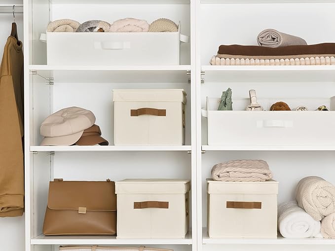 StorageWorks Large Storage Bins with Lids, Decorative Storage Boxes with Lid and PU Handles, Foldable Storage Baskets for Closet, Shelves, Stackable, Ivory, 3-Pack