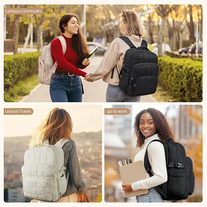 CLUCI 17.3 Inch Laptop Backpack for Women, Anti Theft Travel Backpack, Puffer Quilted Work Backpack, Water Resistant College Bookbag, Carry on backpack with RFID (Khaki)