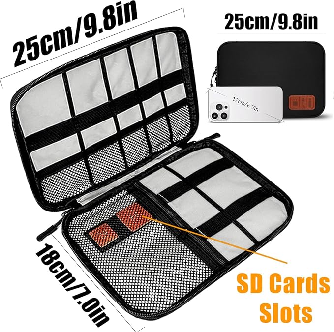 Travel Cable Organizer Pouch Electronic Accessories,Travel Essentials,Cord Organizer Storage Bag For Cord, Charger, Phone, Earphone,SD Card,Black