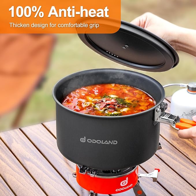 Odoland Camping Cookware Mess Kit, Non-Stick Lightweight Camping Pot and Fry Pan Set with Mesh Bag for Backpacking, Outdoor Cooking and Picnic
