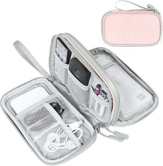 FYY Electronic Organizer, Travel Cable Organizer Bag Pouch Electronic Accessories Carry Case Portable Waterproof Double Layers Storage Bag for Cable, Cord, Phone, Earphone, Large Size, Light Pink