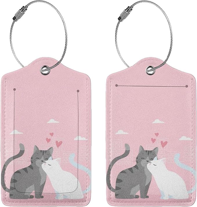 2PC Cats in Love Pattern Luggage Tag with Pink Background, Sublimation Printed Travel Suitcase Baggage Identifiers Tags for Women Men Couple Mr Mrs Children Kids Honeymoon Wedding Gift