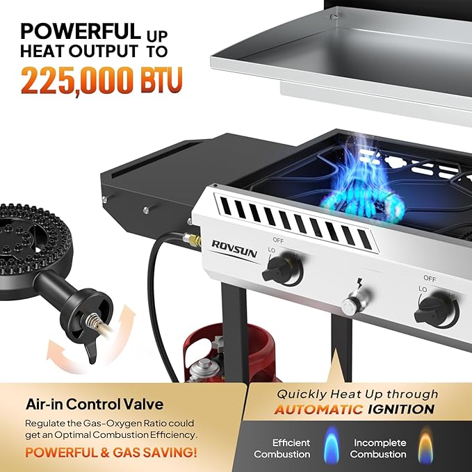 ROVSUN 3 Burner Outdoor Propane Gas Stove with Griddle, Ignition & Side Shelves, 225,000 BTU Powerful Gas Stove Outdoor Cooker for Backyard Patio Cooking Home Camping Grilling Canning Turkey Frying