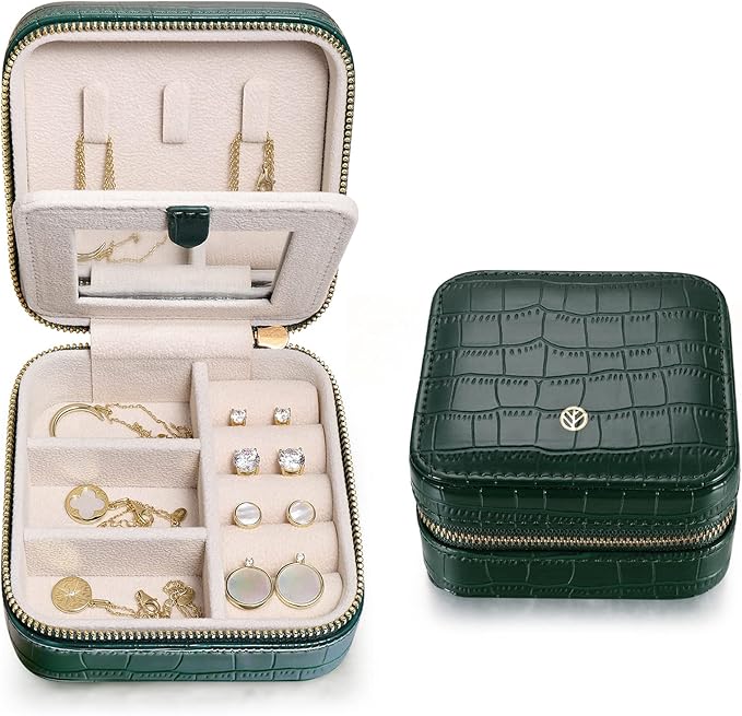 S.Leaf Mini Travel Jewelry Case - Portable Organizer Box for Women - Crocodile Emerald Pattern