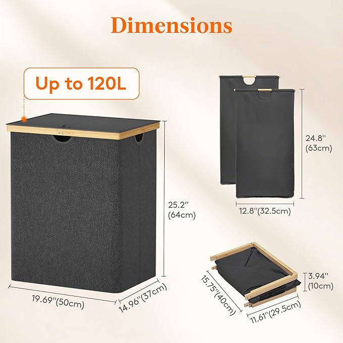 Lifewit 120L Double Laundry Hamper with Lid, Extra Large Bamboo Laundry Basket Dirty Clothes Hamper, 2 Section Laundry Bin Organizer for Laundry Room Bedroom with 2 Removable Liners & Bags, Dark Gray