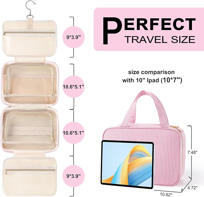 TOPEAST Hanging Toiletry Bag for Women - Travel Toiletry Bag Makeup Bag, Portable Toiletries Cosmetic Bag, Airplane Travel Essentials - Letter T, Blue
