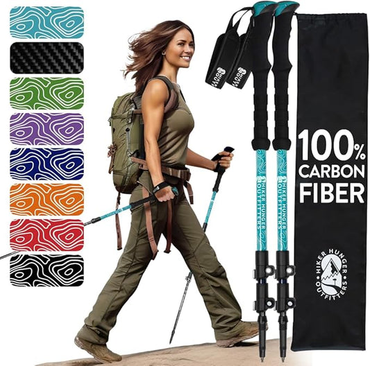 100% Carbon Fiber Trekking Poles by USA Brand - Ultra Strong Lightweight Collapsible Hiking Poles with Cork and EVA Foam Grips & Quick Adjustable Flip Locks