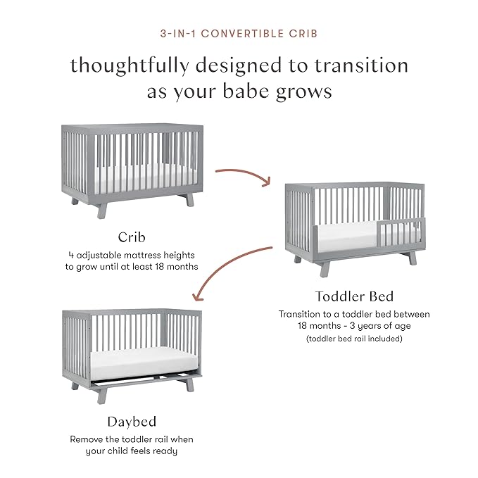 Babyletto Hudson 3-in-1 Convertible Baby Crib - GREENGUARD Gold Certified Convertible Crib to Toddler Bed & Daybed - Wooden Baby Bed with 4 Adjustable Mattress Heights - Strong & Easy Assembly - Grey