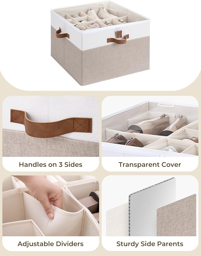 StorageWorks Shoe Organizer for Closet, Fits up to 16 Pairs, Shoe Cubby Storage Containers with Adjustable Dividers and Clear Cover, Brown & White
