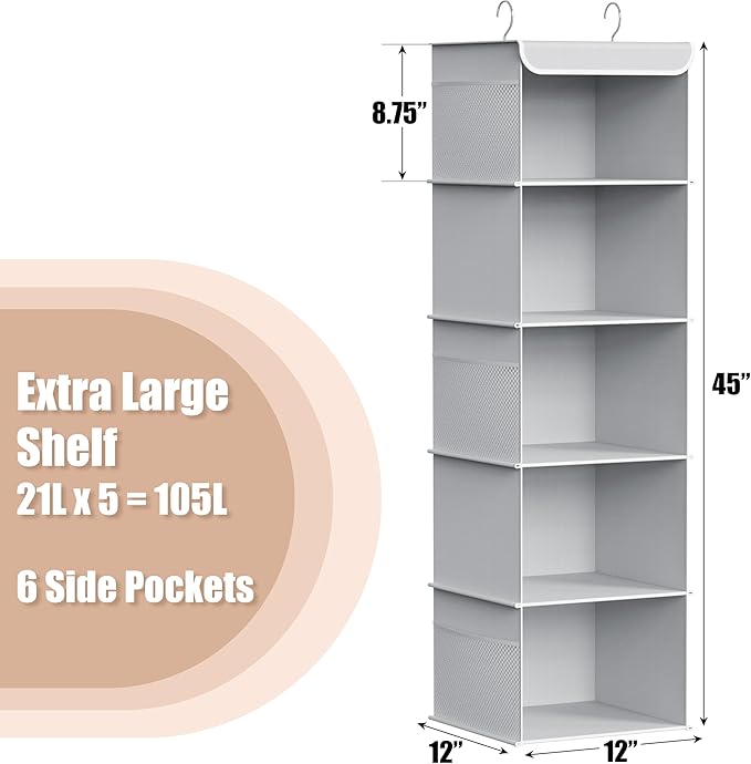 Simple Houseware 5 Shelf Hanging Closet Organizer, Gray