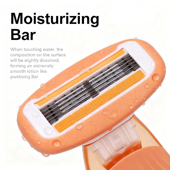 Mini Travel razor Kit for women with moisturizing bar - 1 Handle and 3 Cartridges - Extra Smooth 5-blade With Case for Close Shaving - Orange