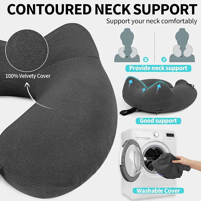 Inflatable Travel Neck Pillow for Airplane, Head Support Velvet Adult Neck Pillow for Long Flight, Kit with Eye Mask, Earplugs and Storage Bag,1, Dark Gray