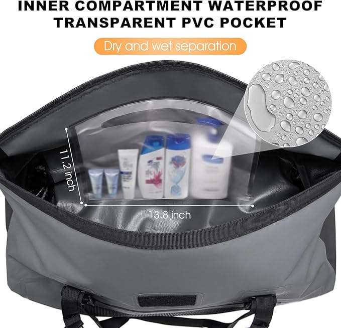 Waterproof Duffel Bag, 70L Roll-top Motorcycle Dry Bag with Air Valve & Quick-fixed Straps, Travel Duffle Bags for Kayaking Paddle Boarding Rafting Boating Camping Riding Fishing - Grey