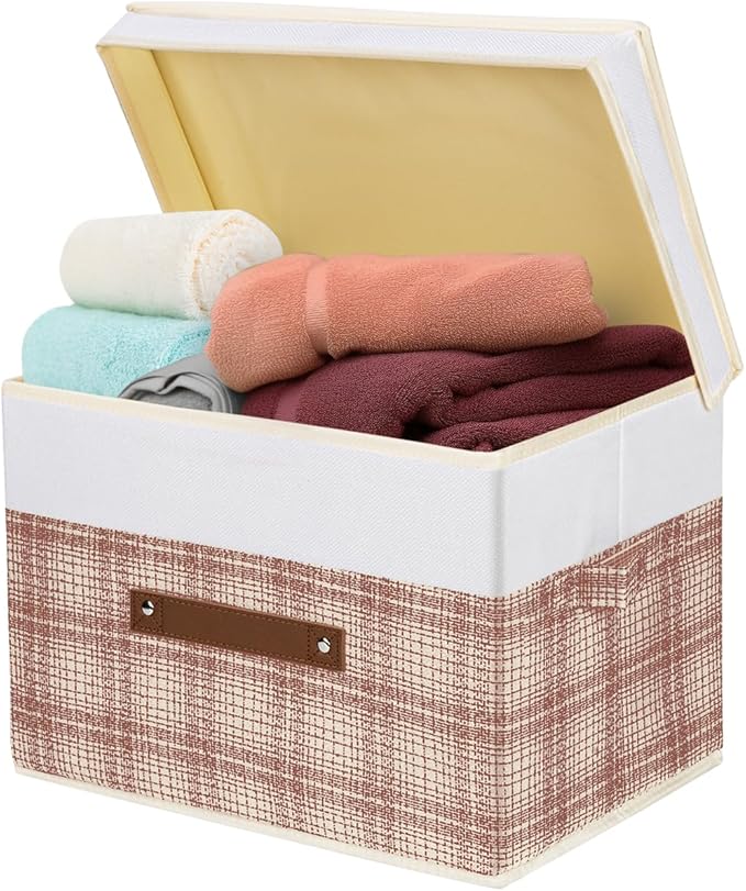 TYEERS Collapsible Storage Bins with Lids, Patchwork Design, Washable, Fabric Storage Boxes, 14.9x9.8x9.8 inches, 5 Pack, Camel Tan