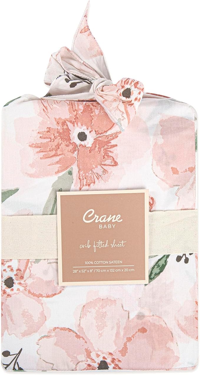 Crane Baby Floral Crib Sheets, 100% Cotton, Breathable Baby Bedding for Standard Mattress, Pink Nursery Decor, Machine Washable Pink Floral Crib, Toddler Sheets