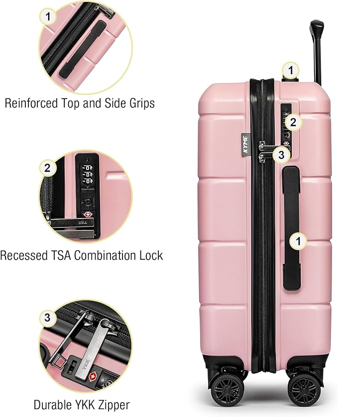 KYME Luggage Sets 2 Piece Hardshell 22"/26" Suitcase with Spinner Wheels Hardside Suitcases Sets with TSA Lock Lightweight Travel Luggage Set with Cup Holder for Women Pink