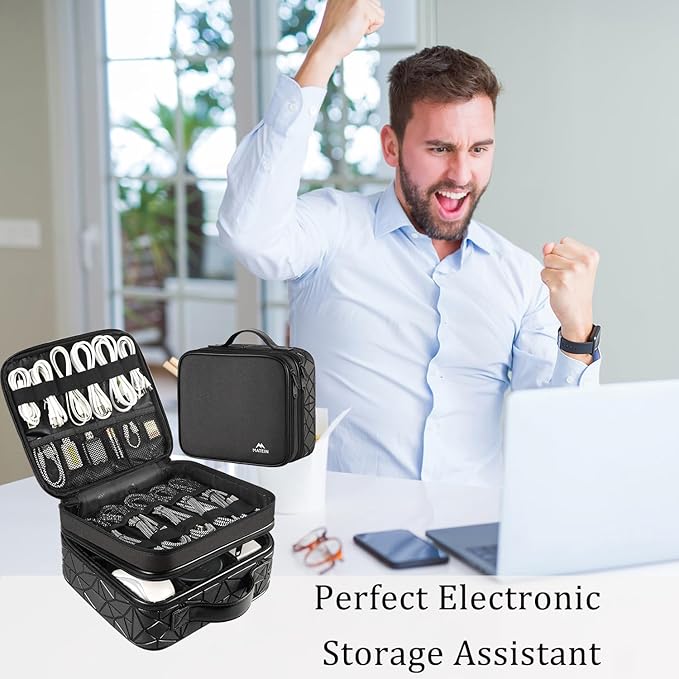 MATEIN Cable Organizer Bag, Waterproof Travel Electronic Storage, Shockproof Portable Double Layer Tech Bags Carrying Case for Cord, Earbuds, Charger, SD Card, DJ Gifts, Black