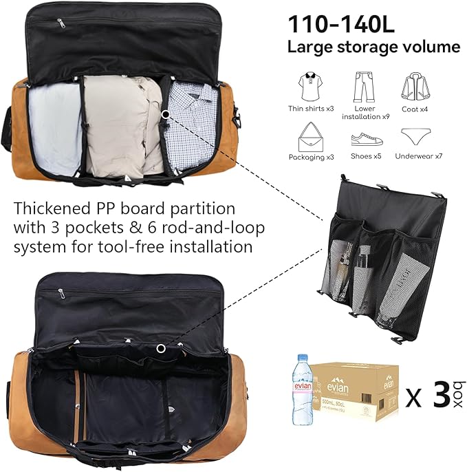 Vomgomfom Wheeled Collapsible Duffel Bag,110L-140L Expandable Checked Luggage, No-Telescopic-Handle with Anti-Burst Zipper & Reinforced Frame,Brown