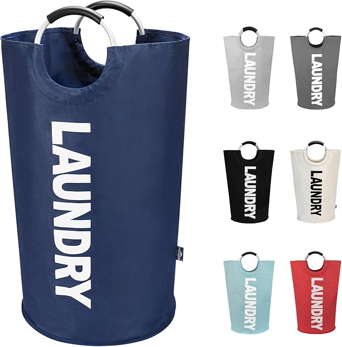 DOKEHOM 90L Large Laundry Basket, Collapsible Laundry Bag, Freestanding Tall Clothes Hamper, Foldable Washing Bin (Dark Blue)
