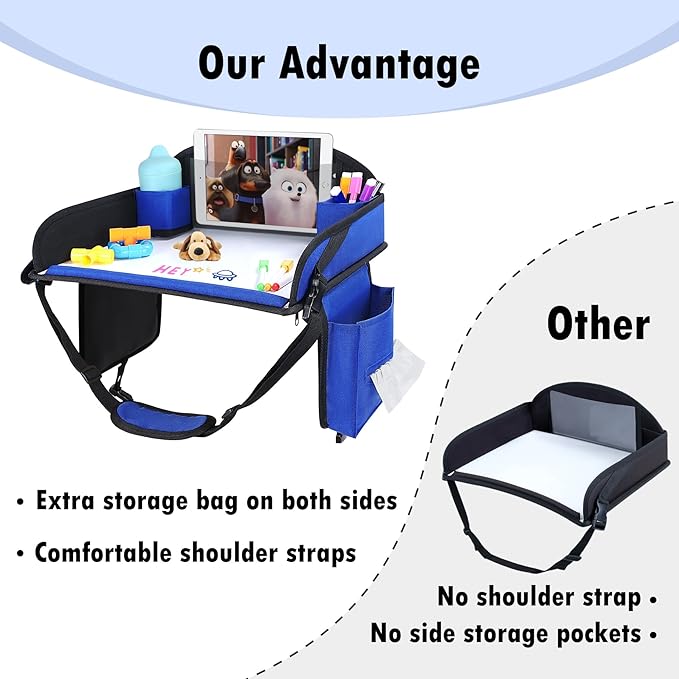 Kids Travel Tray for Car Seat, Toddler Road Trip Essentials With Drawing Kit, Travel Activities Must Haves (Navy Blue-2PCS)