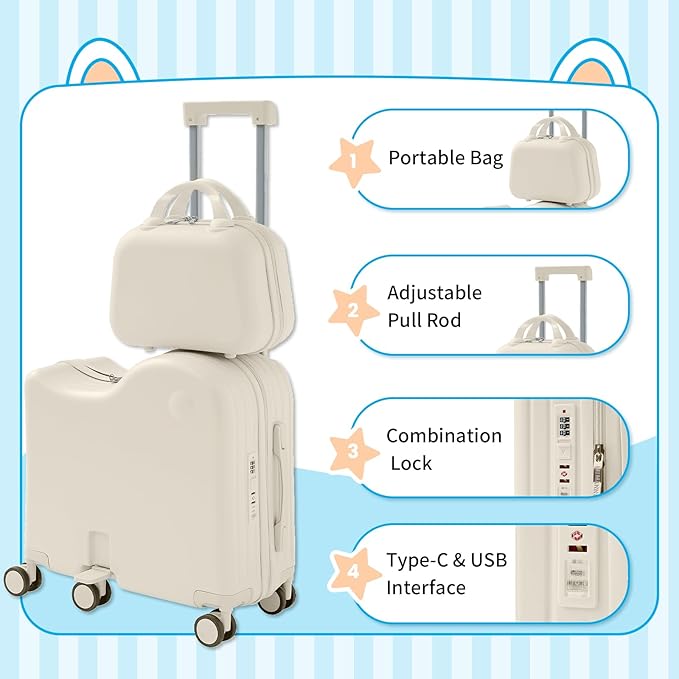 TABU Ride-on Luggage with Handbag for Kids，Hardshell Carry On Suitcase with Hidden Cup Holder, Foldable Pedal,Type-C & USB Interface, TSA Lock, 6-Spinner Wheels, White