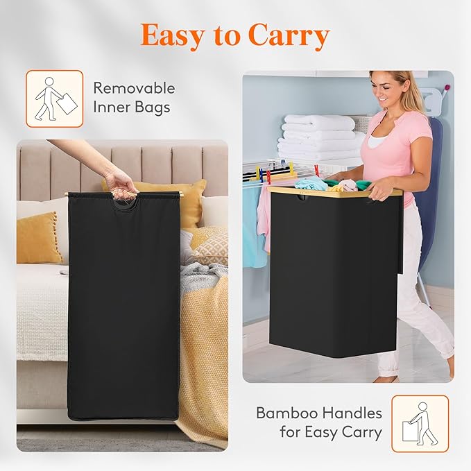 Lifewit 160L Double Laundry Hamper with Lid, Extra Large Bamboo Laundry Basket Dirty Clothes Hamper, 2 Section Laundry Bin Organizer for Laundry Room Bedroom with 2 Removable Liners & Bags, Dark Black