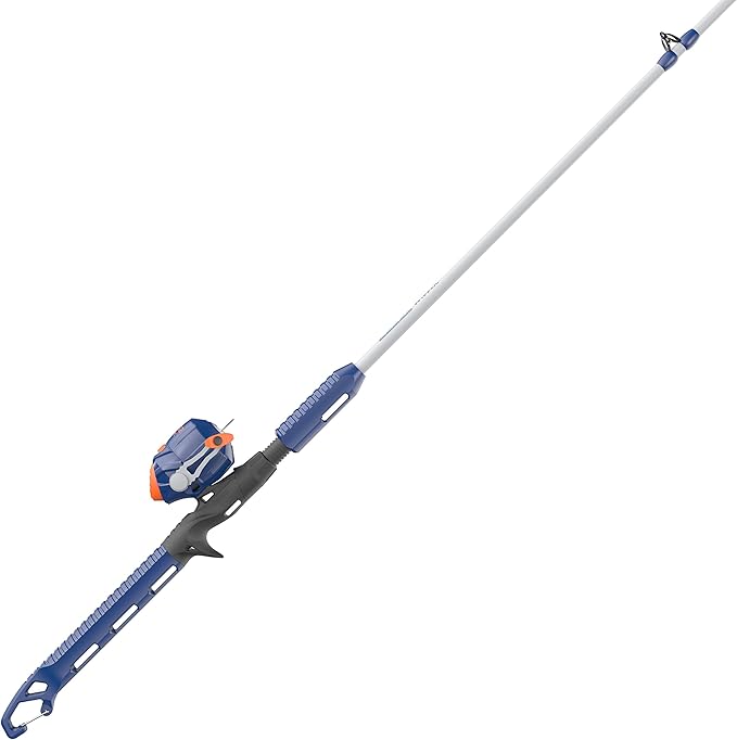 Zebco Wilder Fishing Reel and Rod Combo, 4'3" Durable Fiberglass Rod with Built-In Carabiner, Patented No-Tangle Reel, Pre-Spooled with 6-Pound Zebco Cajun Fishing Line, Blue/Orange