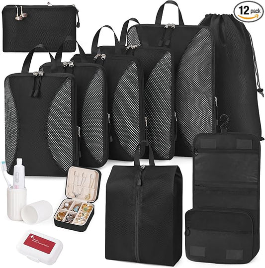 Compression Packing Cubes 12 Set, Suitcase Organizers, Extendable Packing Cubes, Black