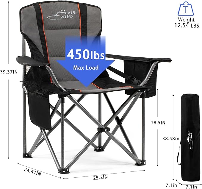 FAIR WIND 2 Pack Oversized Fully Padded Camping Chair with Lumbar Support, Heavy Duty Cooler Bag Fold Chair Support 450 LBS