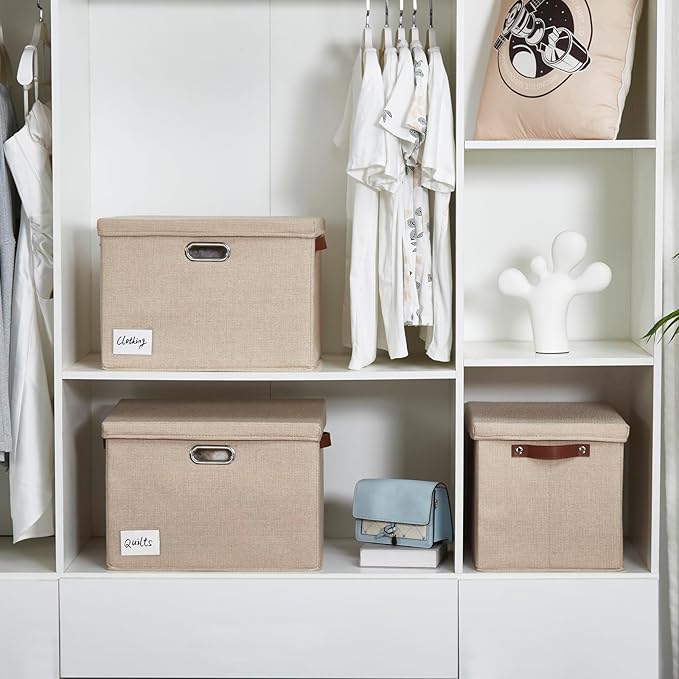 17" Large Collapsible Storage Bins with Lids, Stackable Closet Organizers with PU Handle and Labels, 3-Pack Decorative Fabric Storage Boxes for Home, Bedroom, Closet, Office, Nursery(Khaki)