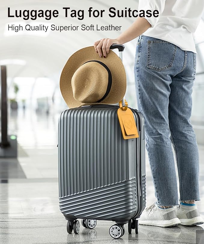 FESAS 3 Pack A-Z Alphabet Luggage Tags - Faux Leather Suitcase Tags with Privacy Cover & Replaceable Card - Initial Letter Monogram for Bags (Yellow)