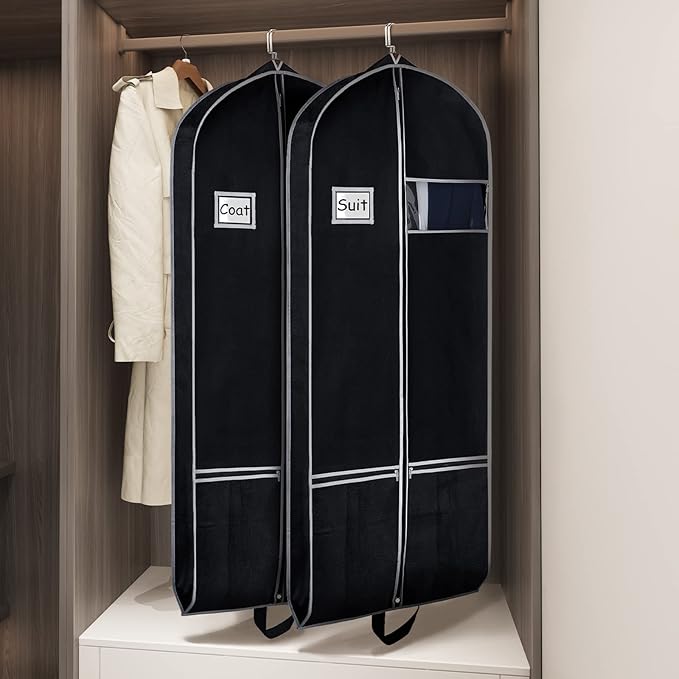 Zilink Long Garment Bags for Dresses Coat Bags for Travel and Storage 60 inches Gusseted Suit Cover Protector for with 2 Large Mesh Pockets and 2 Carry Handles for Suit Coat, Dress, Tuxedos Set of 2