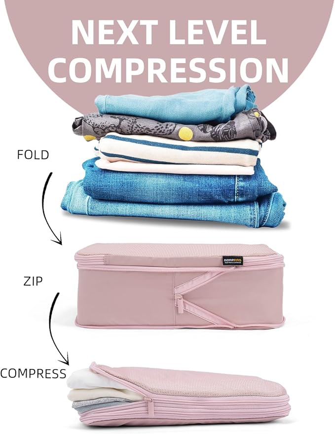 6 Set Compression Packing Cubes for Travel, Large Medium Small Luggage Organizers, Storage Bags for Clothes (6 Pack, Dusty Pink)