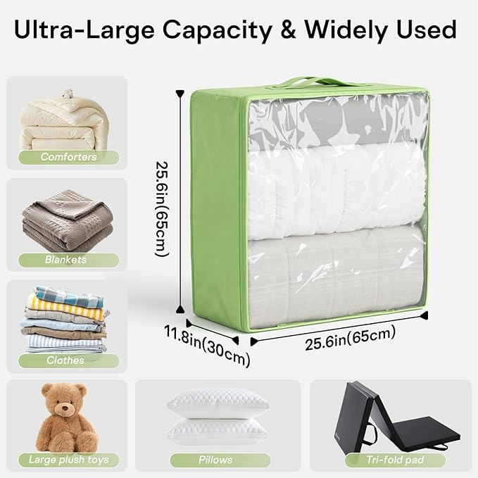 Clothes Storage Bags, Foldable Thick Fabric Blanket Storage Bags, Large Clear Window & Carry Handles, Great for Clothes, Blankets, Closets, Pillows, Toys (Green, Extra-4Pack)