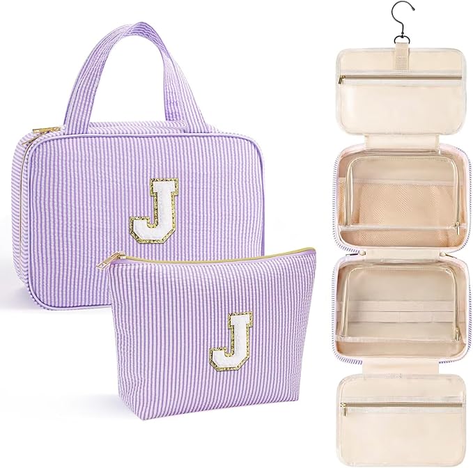 YOOLIFE Travel Toiletry Bag Makeup Bag - Hanging Toiletry Bag for Women, Portable Toiletries Travel Bag and Cosmetic Bag, Airplane Travel Essentials Travel Toiletry Bag - Letter J, Purple