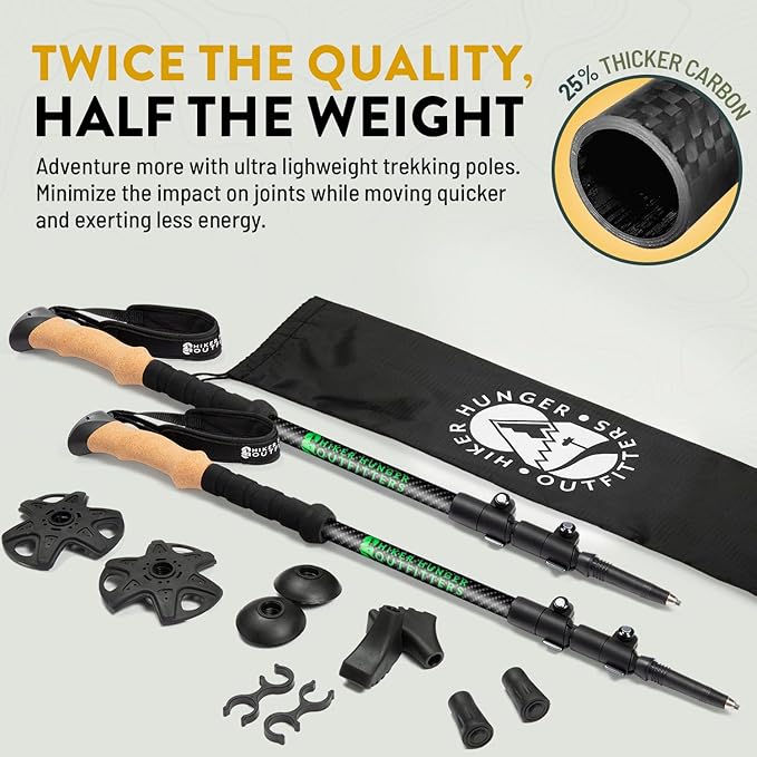 100% Carbon Fiber Trekking Poles by USA Brand - Ultra Strong Lightweight Collapsible Hiking Poles with Cork and EVA Foam Grips & Quick Adjustable Flip Locks