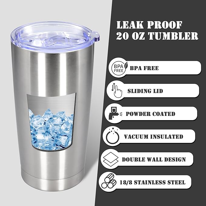20 oz Tumbler with lid Double Wall Vacuum Insulated Tumblers Stainless Steel Coffee Mug Travel Coffee Tumbler Powder Coated Tumbler Cup Keep Hot&Cold - (Stainless 6 Pack)