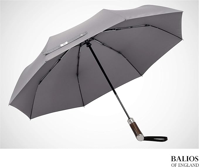 Balios (Designed in UK) Travel Umbrella Luxurious Golden Hardwood Handle Auto Open & Close Windproof Frame Single Canopy Automatic Folding Umbrella Men's & Ladies