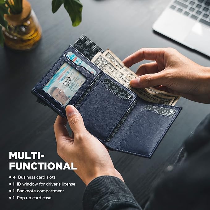 VULKIT Pop up Card Wallet Minimalist Cash Wallets RFID Blocking Leather Smart Credit Card Holder with ID window for Men(Navy)