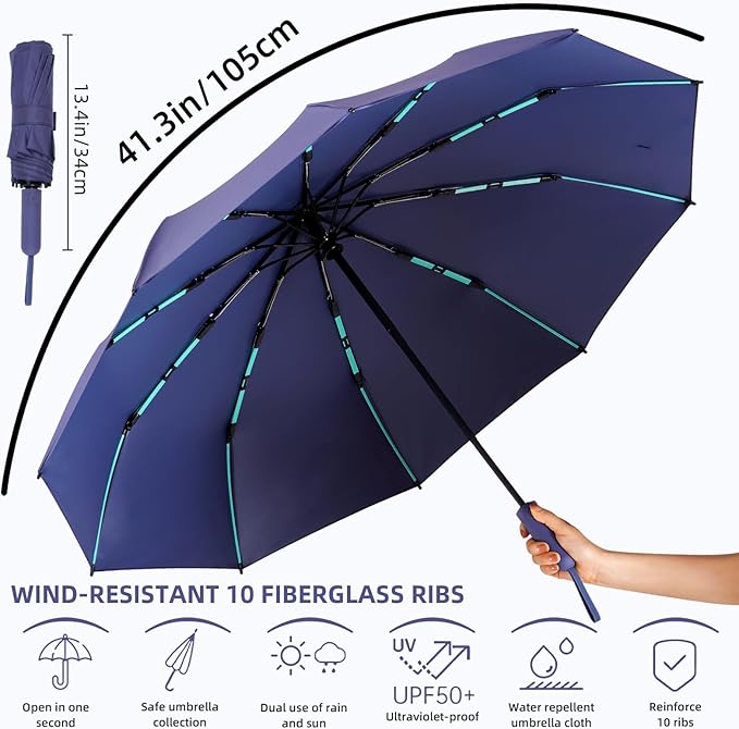Folding Umbrella Anti-UV Compact Durable Folding Umbrella Auto Open Close Windproof Travel Umbrella Premium Grip Fits Backpack