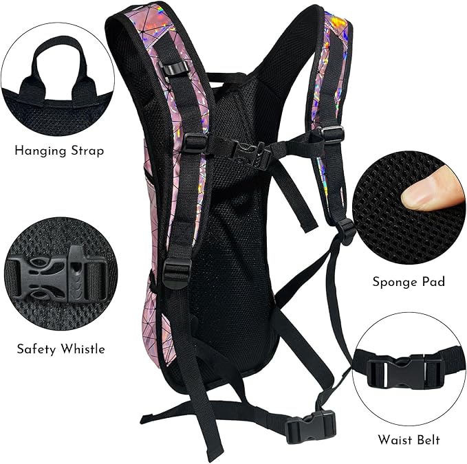 Reflective Hydration Backpack, Hydration Pack - Water Backpack with 2L/3L Hydration Bladder, Essential for Festivals - Rave Hydration Pack for Hiking, Running, Cycling, and Festivals