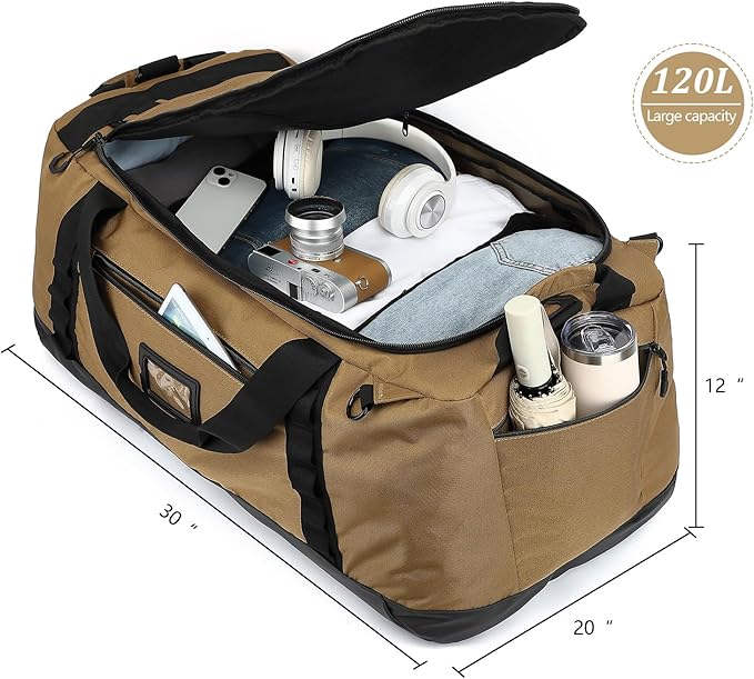 TUGUAN Extra Large Travel Duffle Bag Backpack for Men with Adjustable Dividers 120L Big Weekend Overnight Bag with ID Pocket Shoulder Strap Heavy Duty Sports Duffel Bags for Camping Gym, Brown