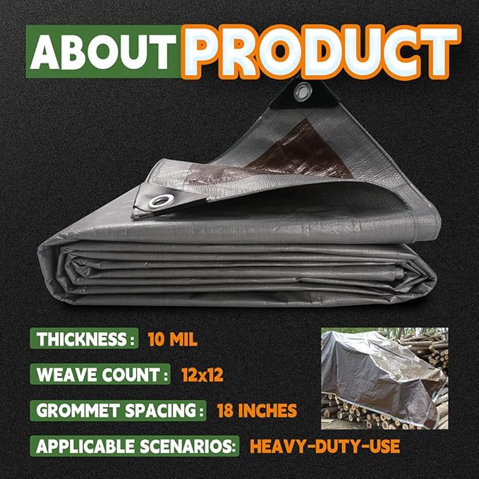Tarps Heavy Duty Waterproof 24x36 Feet, 10Mil Multipurpose Large Tarp Cover with Metal Grommets and Reinforced Edges, Silver/Brown Tarp by RAINDEWAY