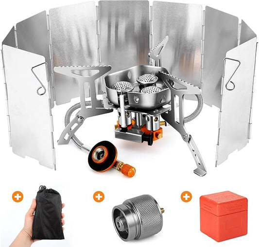 Odoland 3500W/6800W Windproof Camp Stove Camping Gas Stove with Windscreen, Fuel Canister Adapter, Piezo Ignition for Outdoor Backpacking Hiking and Picnic